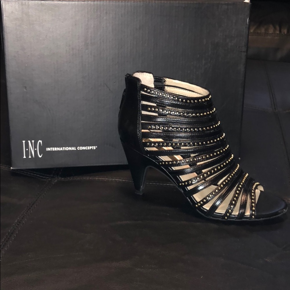 Black open toe studded kitten heels